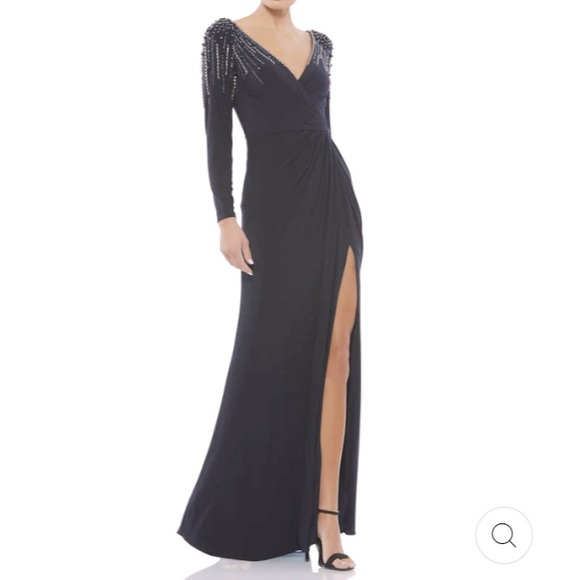 NWOT Ieena for Mac Duggal navy faux wrap embellished gown - Picture 1 of 15
